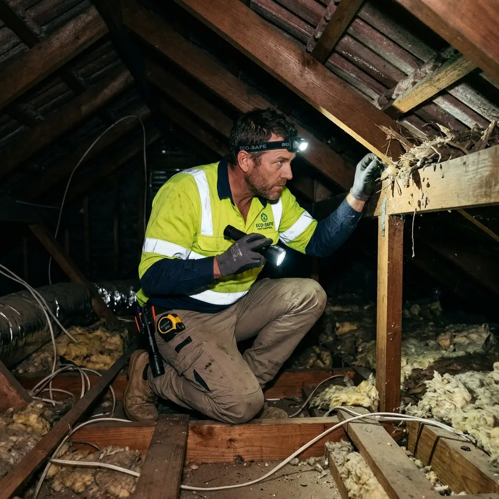 Technician inspecting a Doncaster roof cavity for a dead possum
